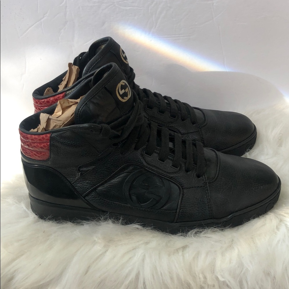 Gucci Men's Black Leather Sneakers Size 6.5 Black High Lace Up Sneakers w/COA - Picture 2 of 10